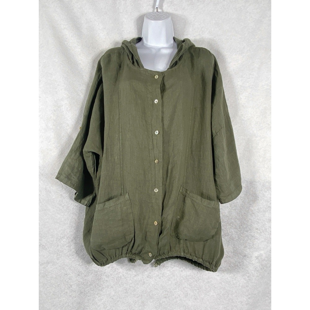 Saks Fifth Avenue Top Womens Medium Green Hoodie Linen Minimalist Italy Made